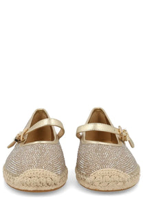 Michael kors women’s espadrille lynn gold flats with gold glitter, woven jute sole, and metallic strap buckle