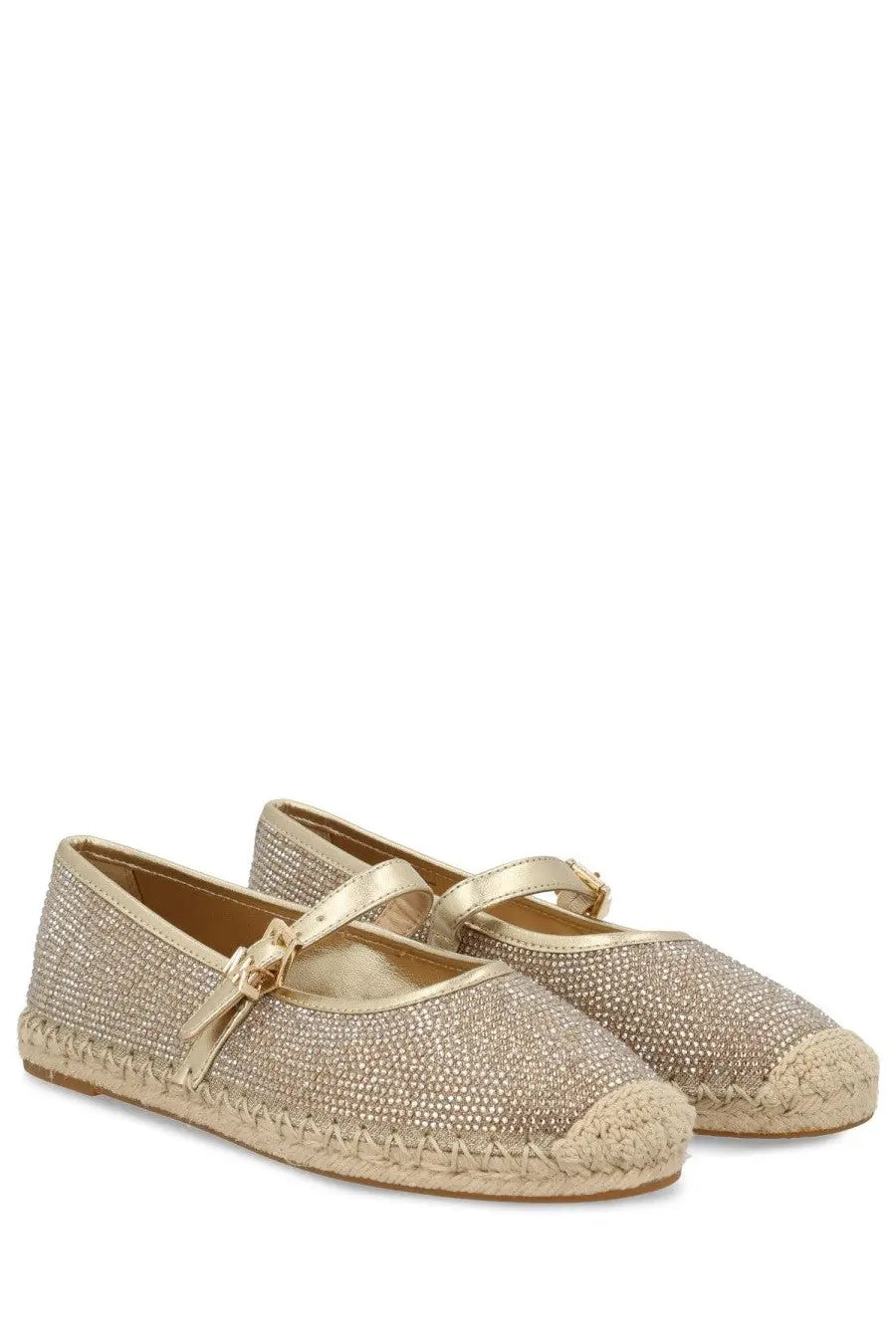 Michael Kors women’s gold espadrille flats with sparkling rhinestones and a delicate bow detail