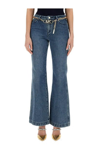 Michael kors women’s blue denim flare jeans with gold chain belt featuring mk logo