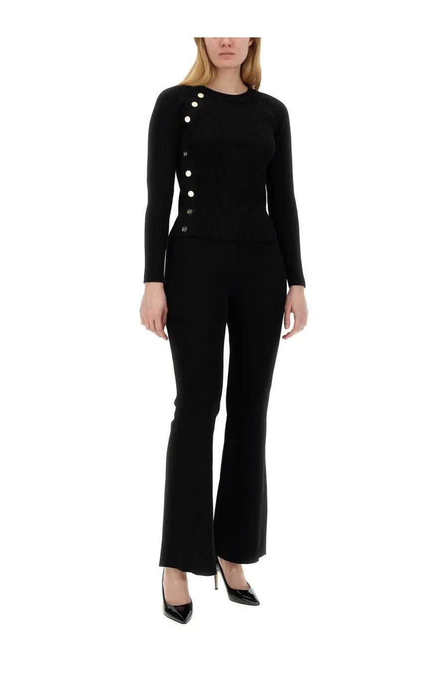 Michael kors women’s black knit long-sleeved top with white buttons down the side