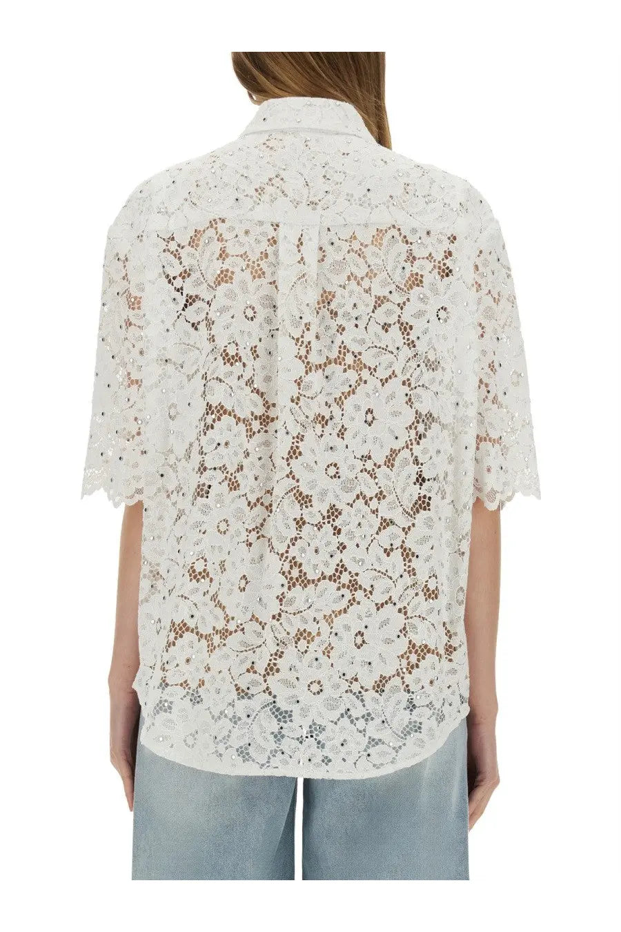 Michael Kors women’s white floral lace blouse with delicate patterns and short sleeves for elegant wear