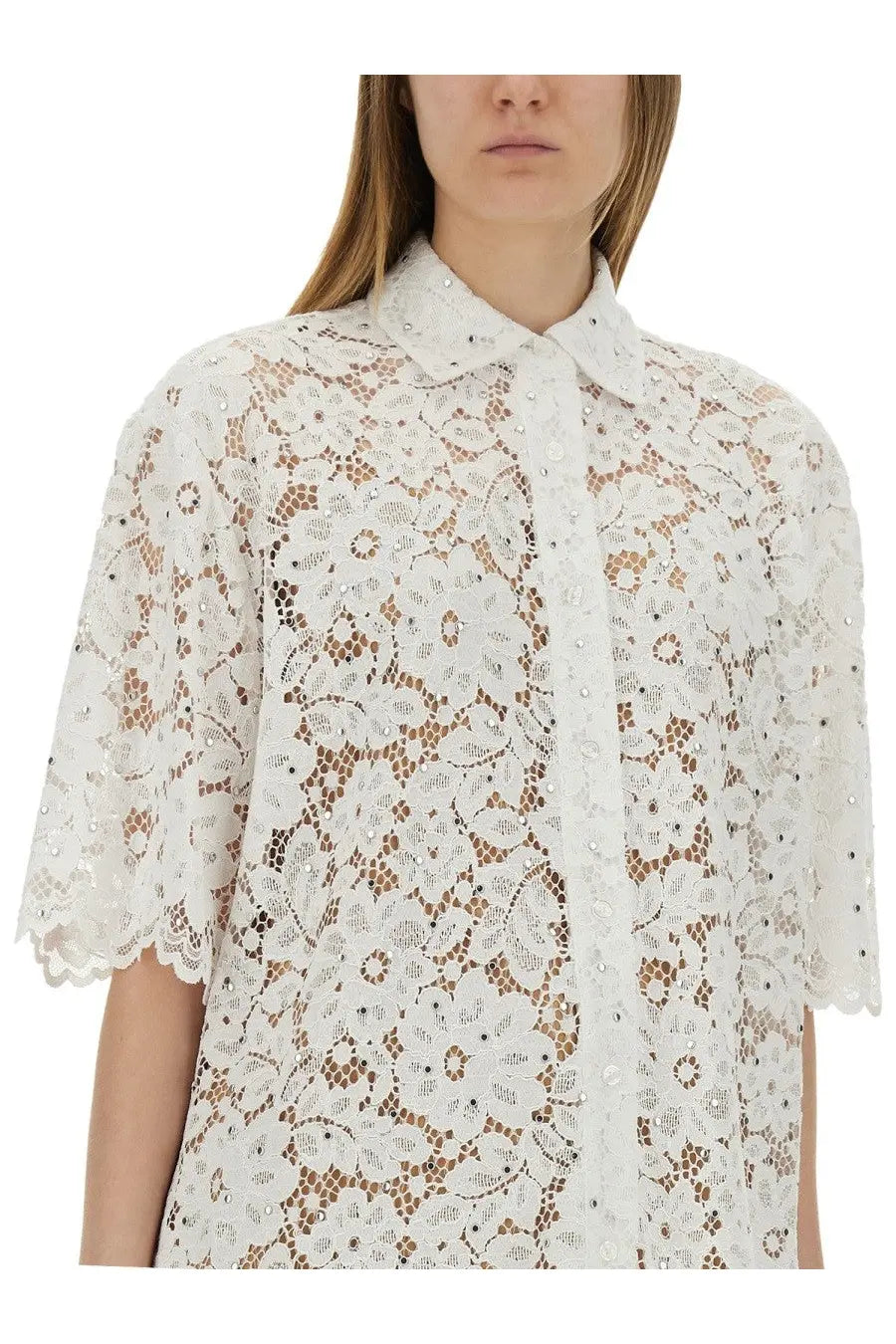 Michael Kors women’s white floral lace blouse with subtle embellishments and intricate floral patterns