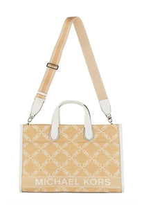Michael Kors women’s Gigi large beige tote bag with woven texture white logo chain-link pattern and contrasting handles