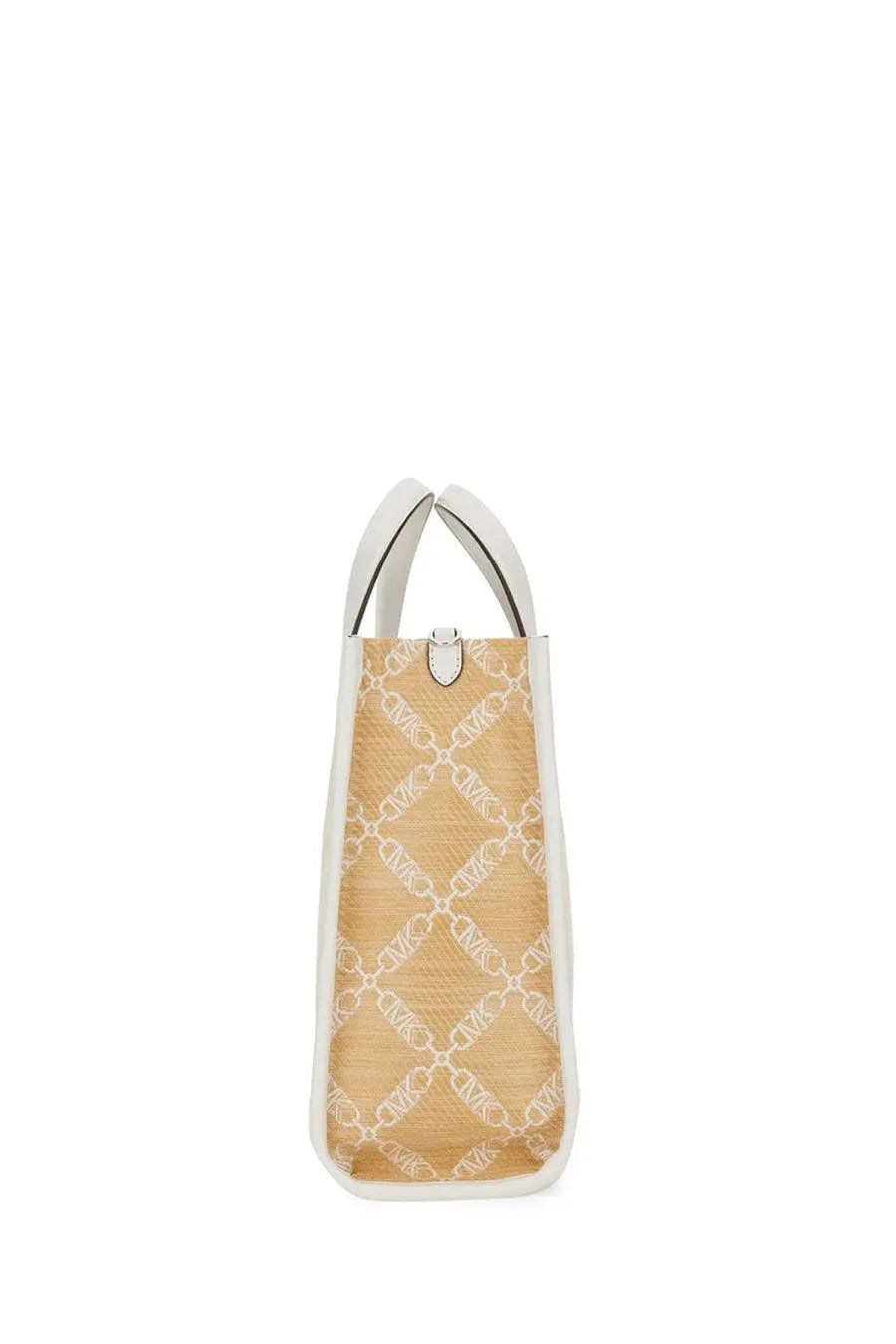 Michael Kors women’s Gigi large beige tote bag with white chain-link pattern and contrasting white leather handles