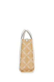 Michael Kors women’s Gigi large beige tote bag with white chain-link pattern and contrasting white leather handles