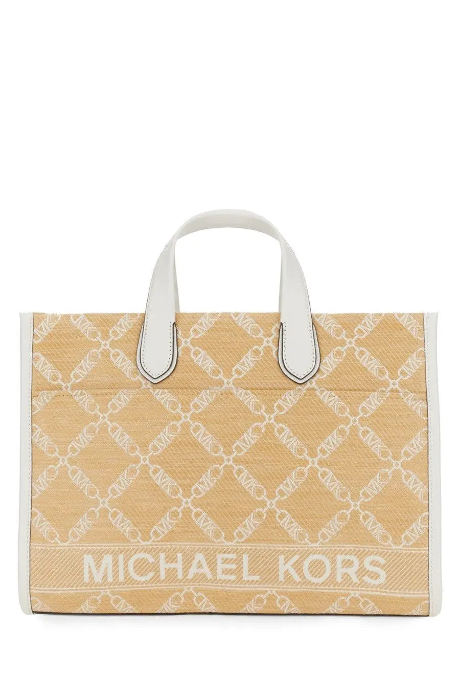 Michael Kors women’s Gigi large tote bag beige woven with white chain-link logo pattern and white leather handles