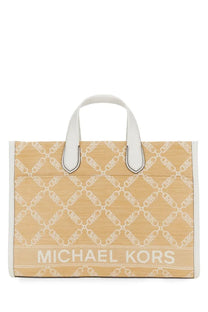 Michael Kors women’s Gigi large tote bag beige woven with white chain-link logo pattern and white leather handles