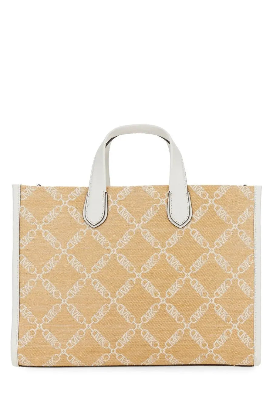 Michael Kors women’s Gigi large beige woven tote bag with white chain-link logo pattern and white leather handles