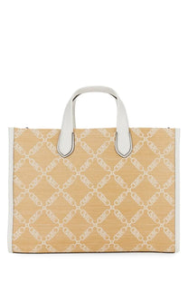 Michael Kors women’s Gigi large beige woven tote bag with white chain-link logo pattern and white leather handles