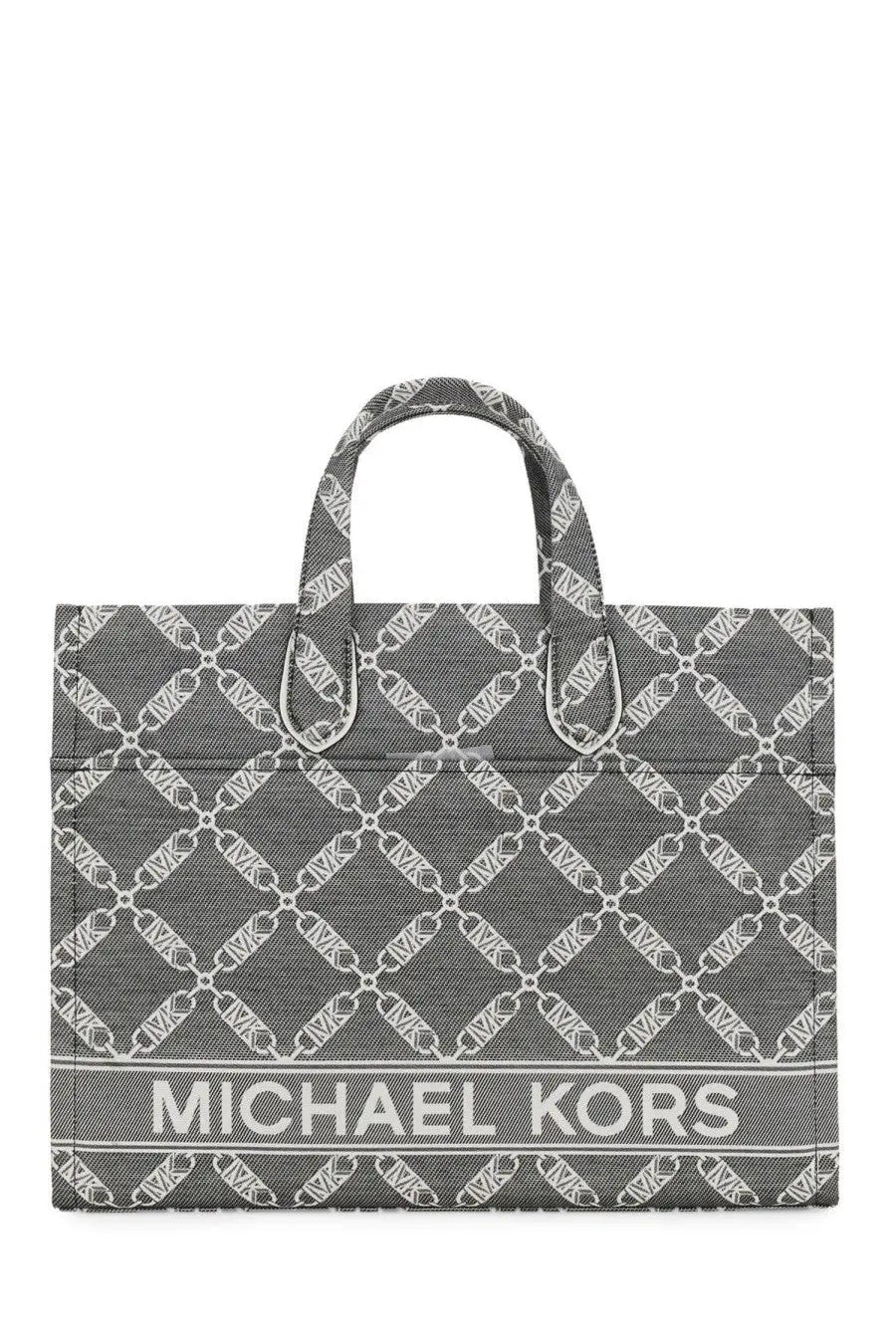 Gray michael kors women’s gigi large tote bag with repeating white chain-link logo pattern and silver-tone hardware