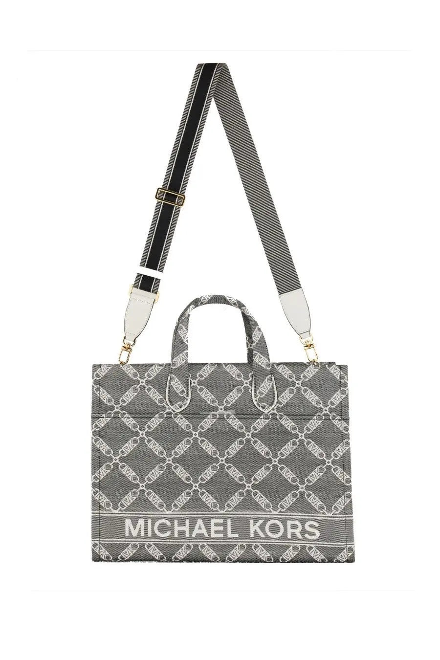 Gray michael kors women’s gigi large tote bag with white chain-link pattern and black-and-white striped shoulder strap