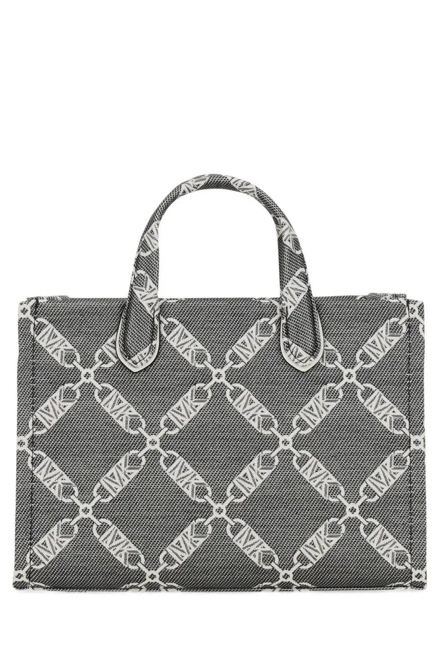 Michael Kors women’s Gigi small tote bag in gray canvas with white chain-link pattern and matching handles