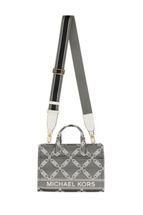 Michael Kors women’s Gigi small tote bag black with gray and white patterned crossbody bag and striped strap