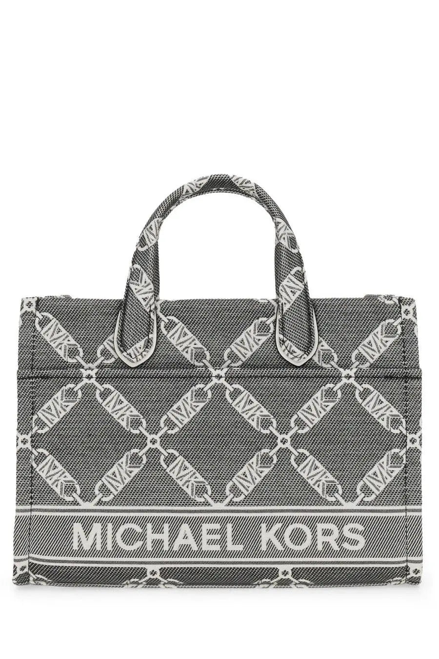 Michael Kors women’s Gigi small tote bag in gray and white woven fabric with chain-link logo pattern and branding