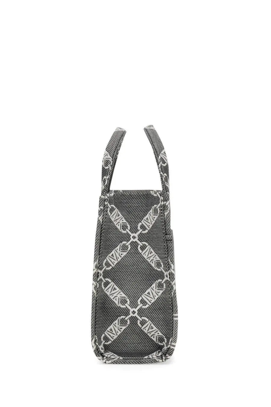 Michael Kors women’s Gigi small tote bag in black with black and white chain-link patterned textured fabric