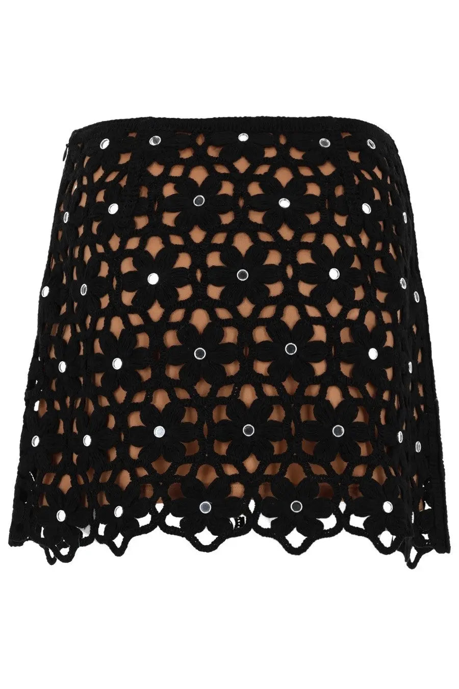 Michael Kors women’s black crochet mini skirt with floral cutout pattern and silver sequin embellishments
