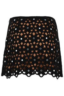 Michael Kors women’s black crochet mini skirt with floral cutout pattern and silver sequin embellishments
