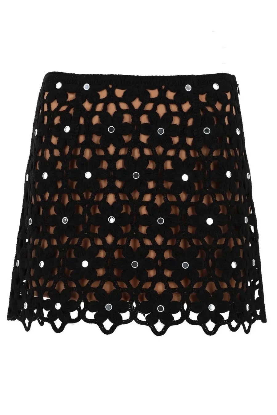 Michael Kors women’s black lace mini skirt with floral cut-out patterns and silver sequin embellishments