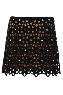Michael Kors women’s black lace mini skirt with floral cut-out patterns and silver sequin embellishments