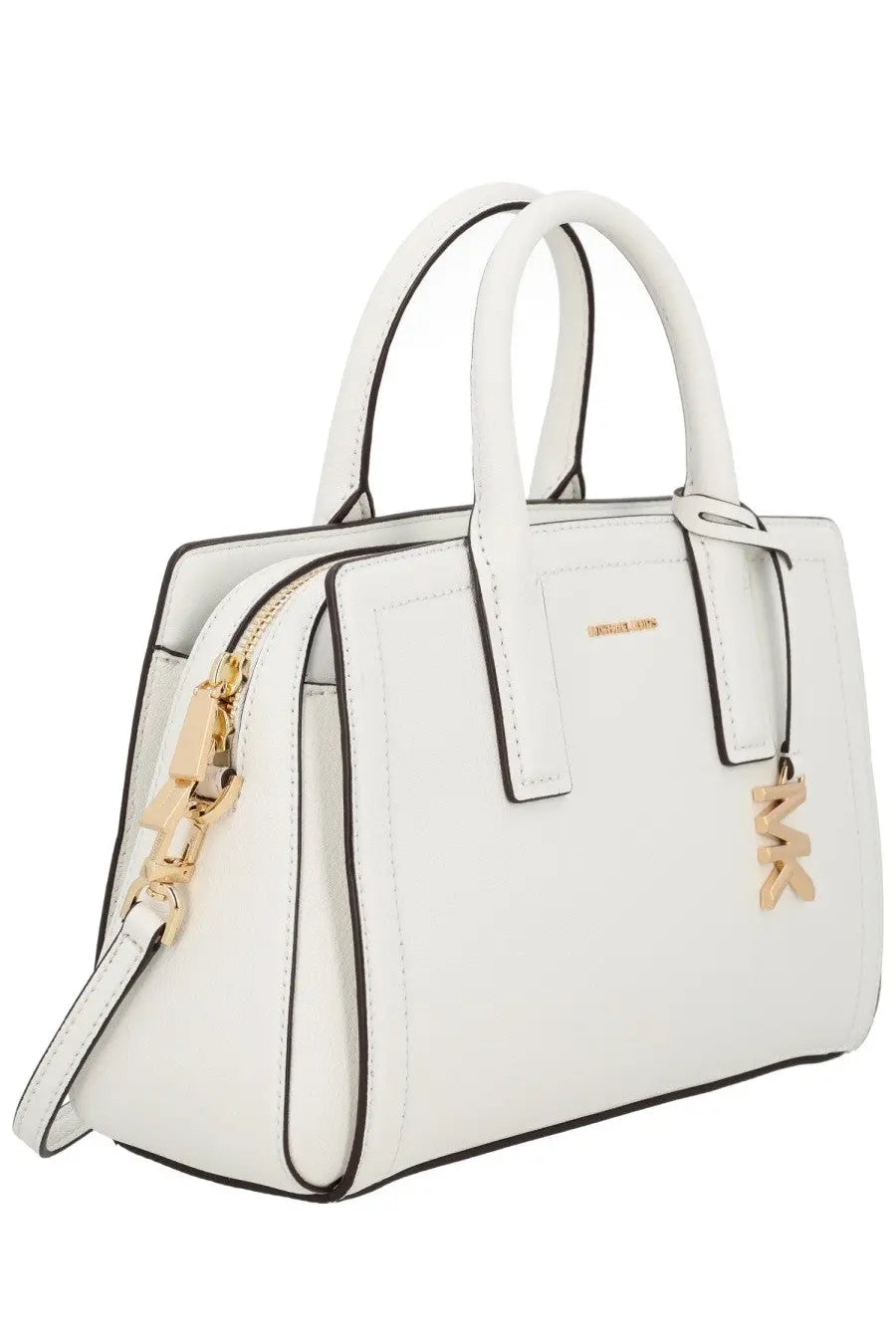 Michael Kors women’s handbag laila small white leather satchel with gold-tone hardware and black trim