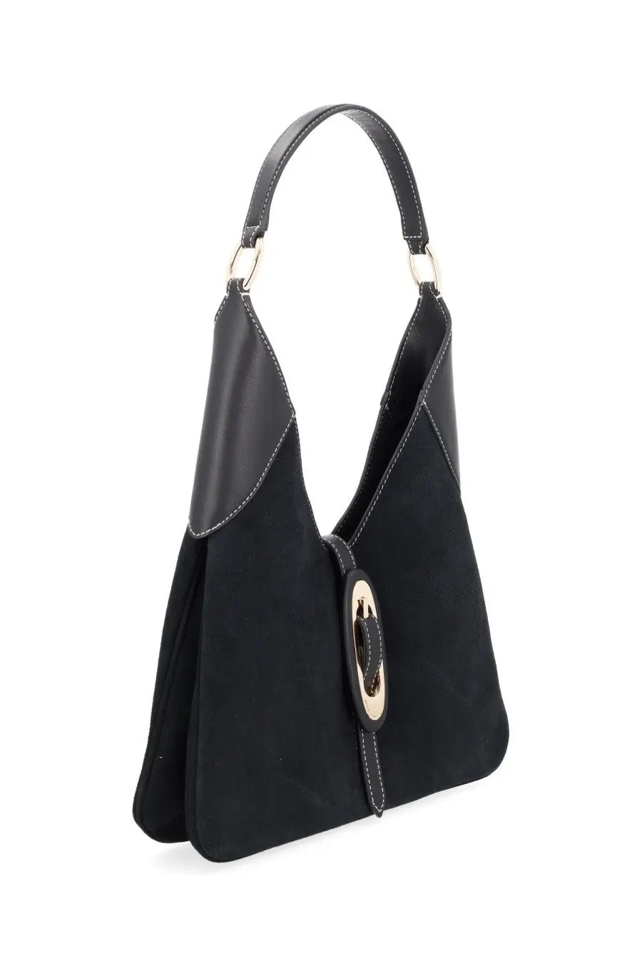 Michael Kors women’s black suede hobo bag with smooth leather accents and gold-tone oval clasp