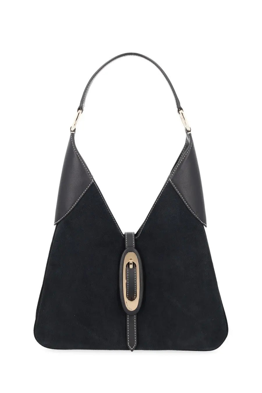 Michael Kors women’s black hobo bag in suede with smooth leather accents and gold-tone oval buckle