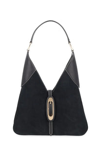 Michael Kors women’s black hobo bag in suede with smooth leather accents and gold-tone oval buckle