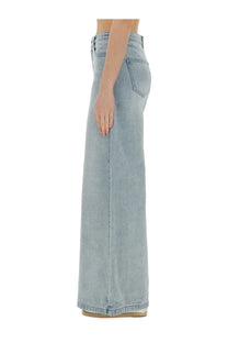 Michael Kors women’s light-wash denim high-rise wide-leg jeans with classic five-pocket design and frayed hem