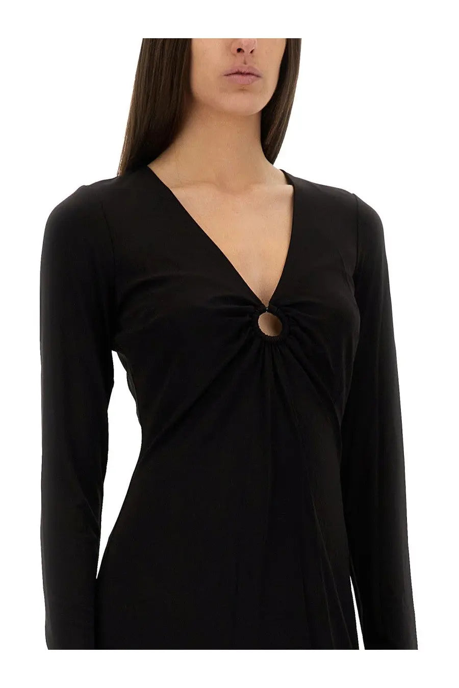 Michael Kors women’s black jersey dress with long sleeves deep v-neck and central knot with metallic button detail