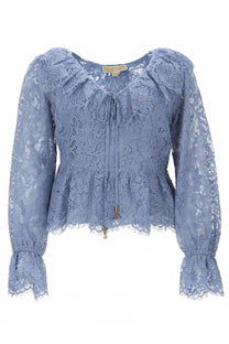 Michael Kors women’s light blue lace blouse with ruffled sleeves peplum hem floral patterns and gold-tone hardware