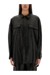 Michael Kors women’s black faux leather button-up shirt with classic collar and two chest pockets