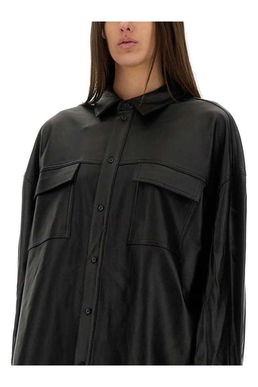 Black satin-like button-up shirt with two front flap pockets featured in michael kors women’s leather jacket black listing