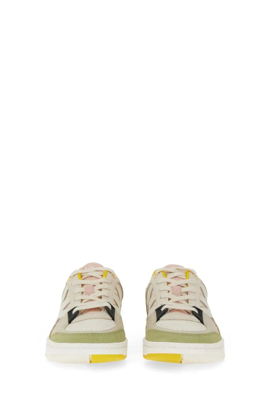 Michael Kors women’s leather sneaker in beige and olive green with yellow accents and low-top design