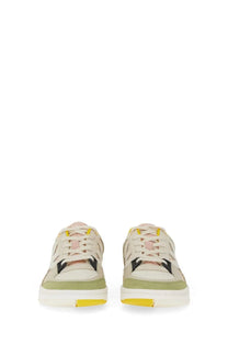 Michael Kors women’s leather sneaker in beige and olive green with yellow accents and low-top design