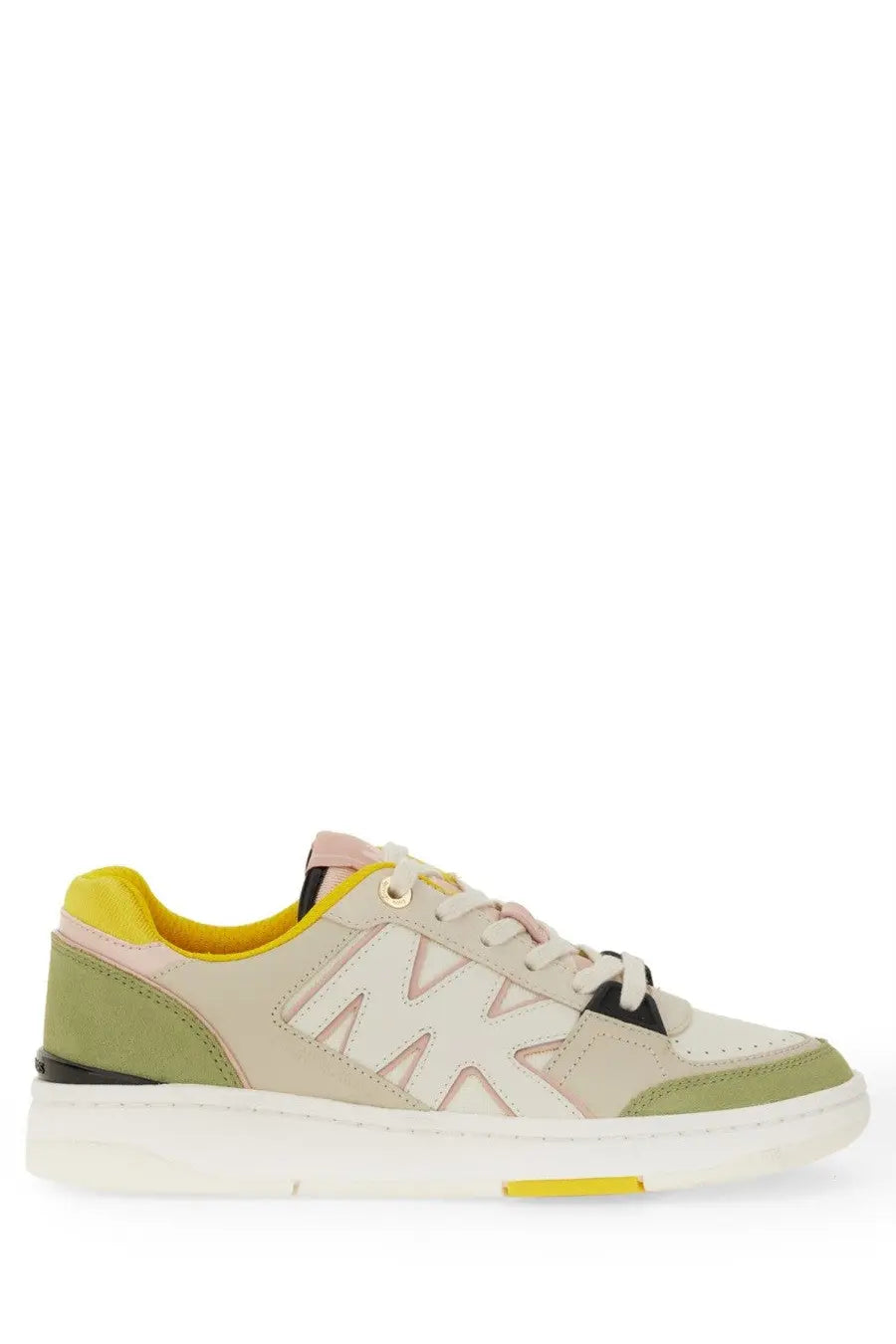 Michael Kors women’s leather sneaker in beige and olive green with pink and black mk logo and yellow accents