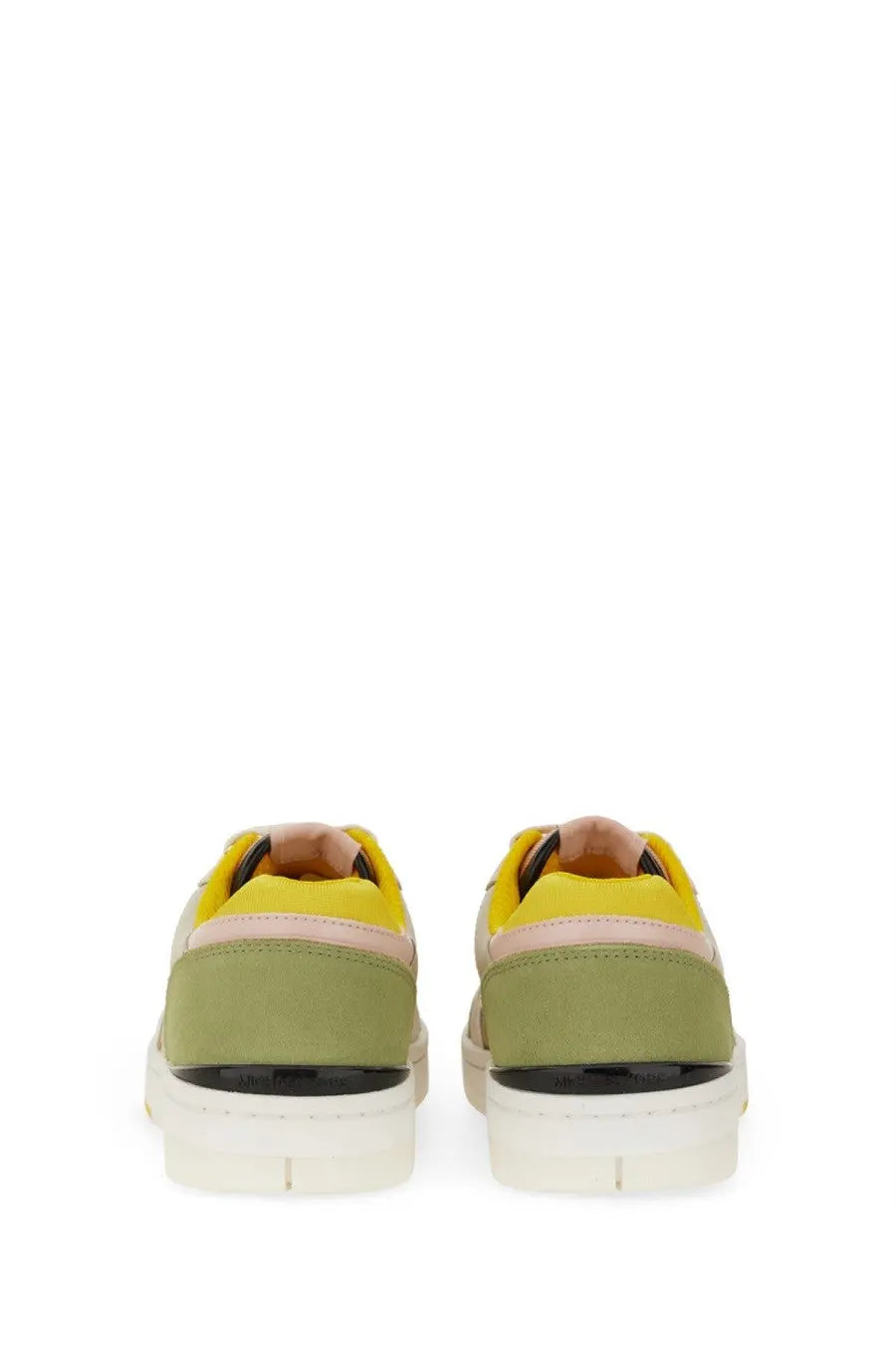 Michael Kors women’s leather low-top sneaker with vibrant yellow collar pink accents and olive green suede panels