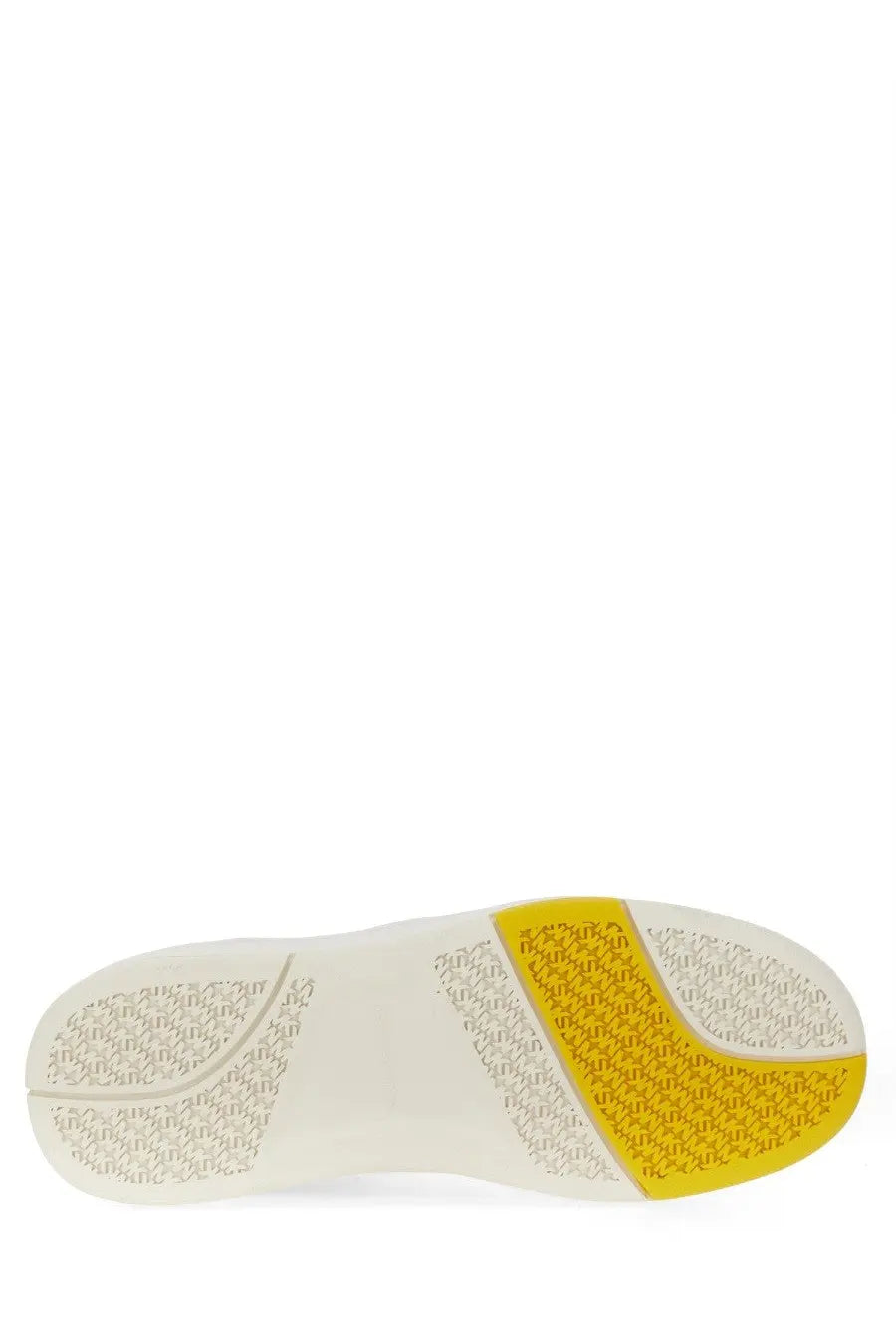 White and yellow rubber sole with repeating michael kors logo pattern on a multicolor leather women’s sneaker