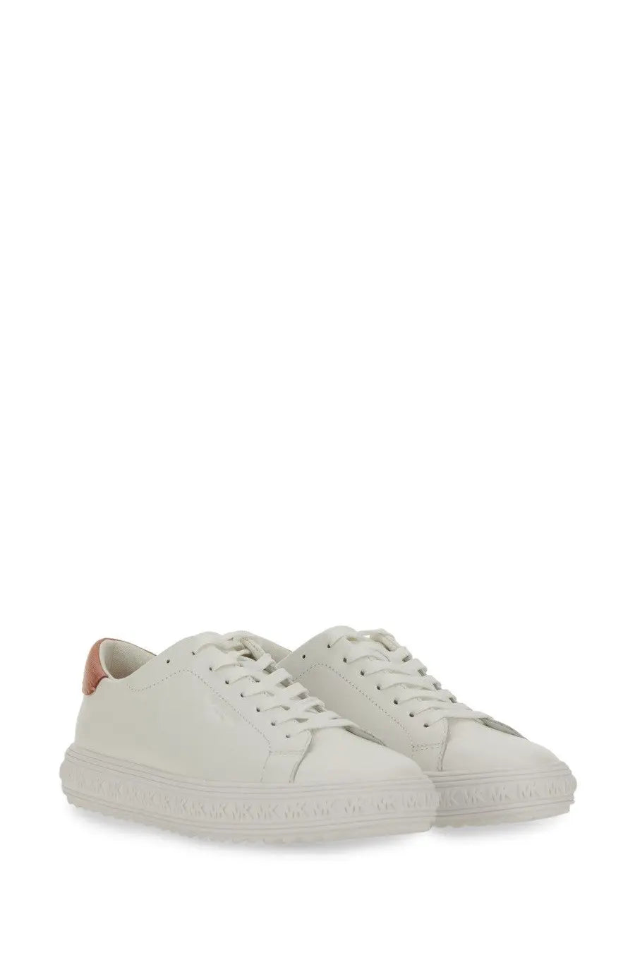 Michael Kors women’s white leather low-top sneaker with subtle textured sole and peach heel tab back view