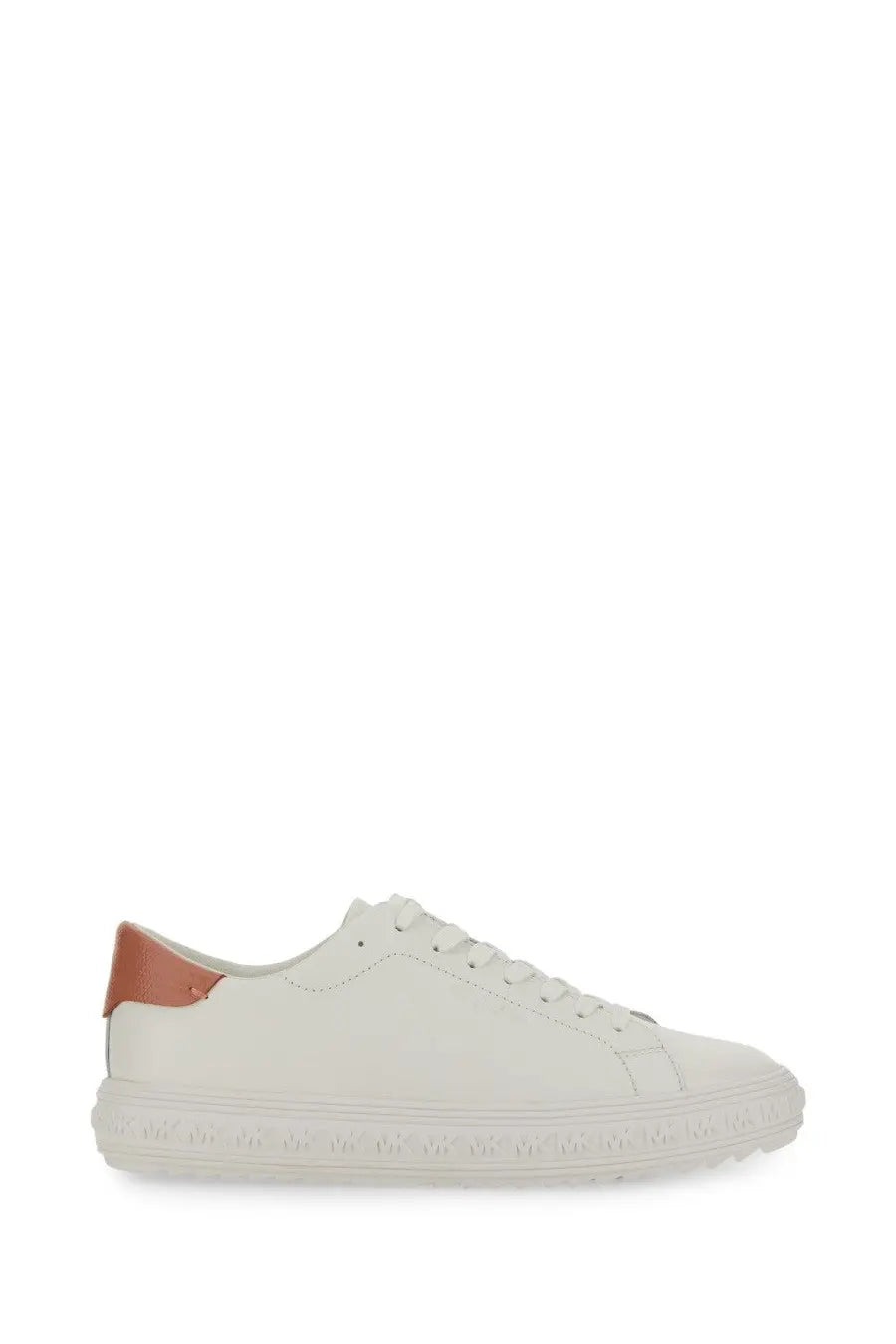 Michael Kors women’s white leather low-top sneaker with tan heel tab and textured rubber sole shown from the back