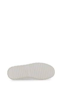 White rubber sole with textured ribbed pattern and subtle branding embossed near the heel of michael kors women’s leather sneaker
