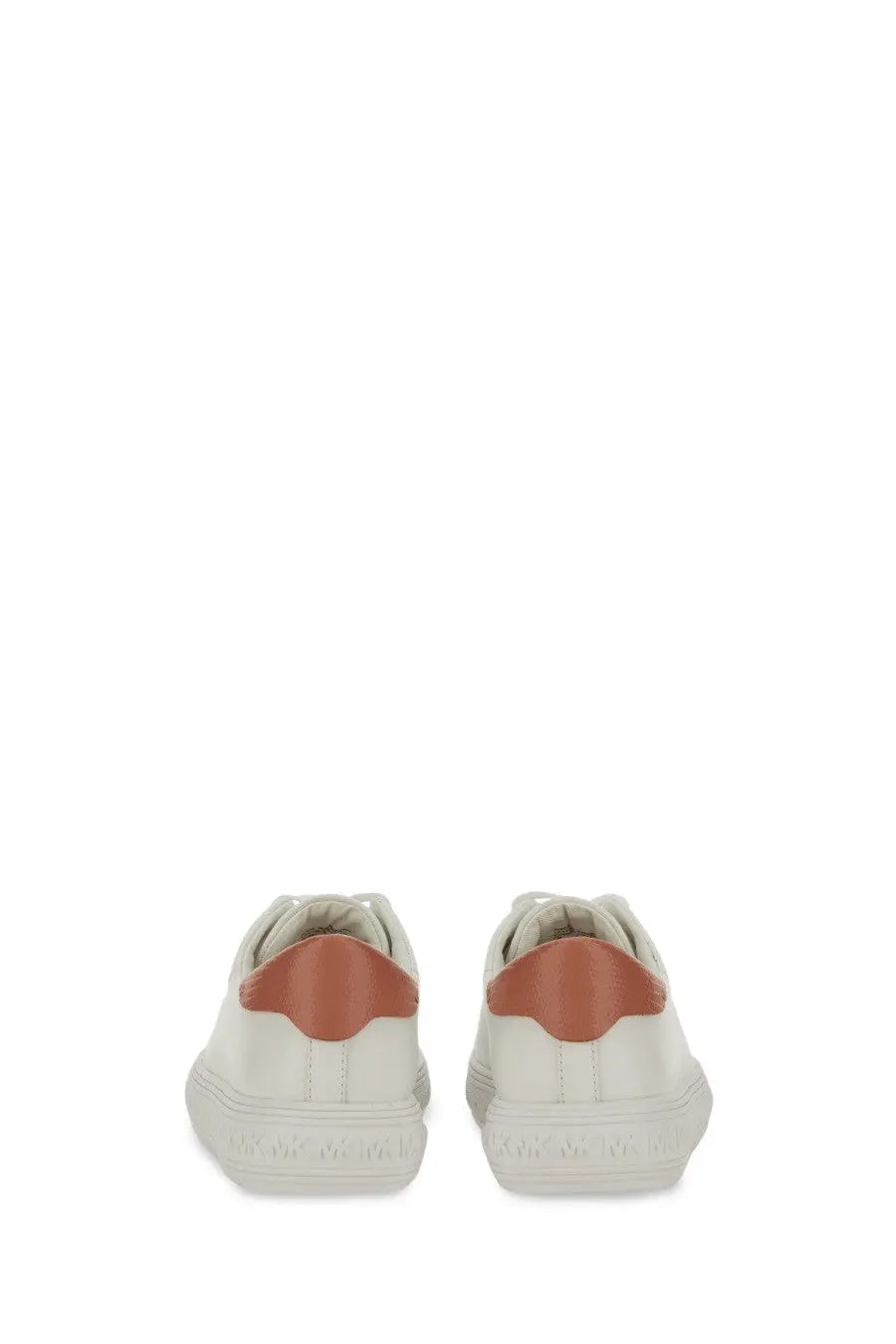 Michael Kors women’s white leather sneaker with a contrasting tan heel tab shown from the back side