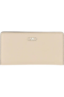 Beige leather michael kors women’s wallet with a silver-toned logo plaque for stylish everyday use