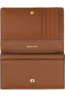 Brown pebbled leather michael kors womens wallet beige with gold tone hardware and card slots