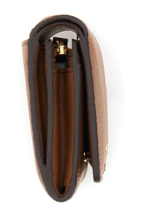 Michael Kors women’s beige leather tri-fold wallet with brown trim and gold-toned zipper pull