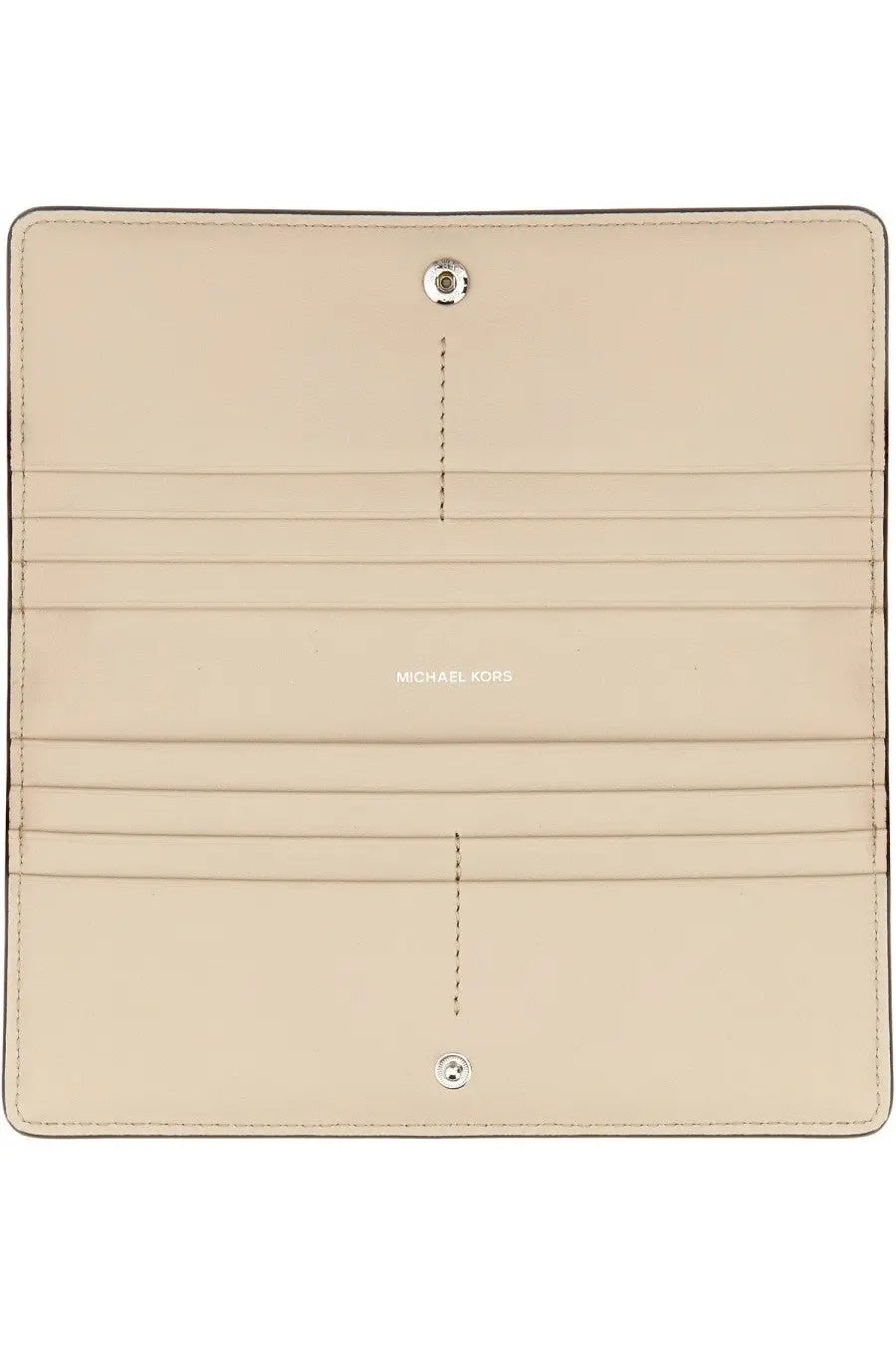 Beige michael kors women’s leather long wallet with silver-toned hardware and stitched card slots