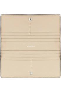 Beige michael kors women’s leather long wallet with silver-toned hardware and stitched card slots