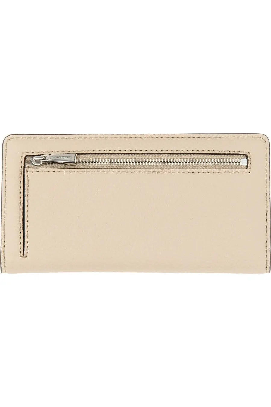 Beige michael kors women’s leather wallet with silver zipper and neat stitching