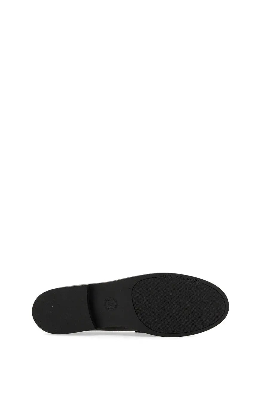 Black rubber sole with textured pattern and embossed branding of michael kors women’s loafer black visible from the back side