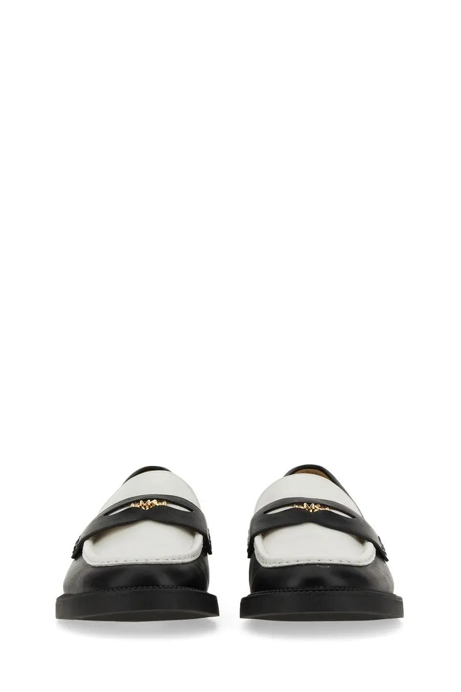 Michael Kors women’s black leather loafers with white accents and gold-tone logo detailing