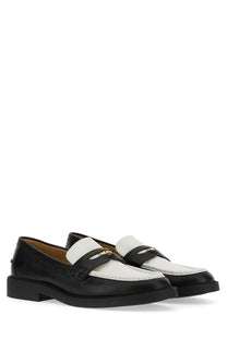 Black and white leather michael kors women’s loafer with gold-tone logo on the strap